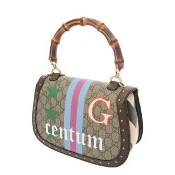 Gucci Handbag Bamboo Beige Ebony Brown GG Supreme Leather - Picture 2 of 10